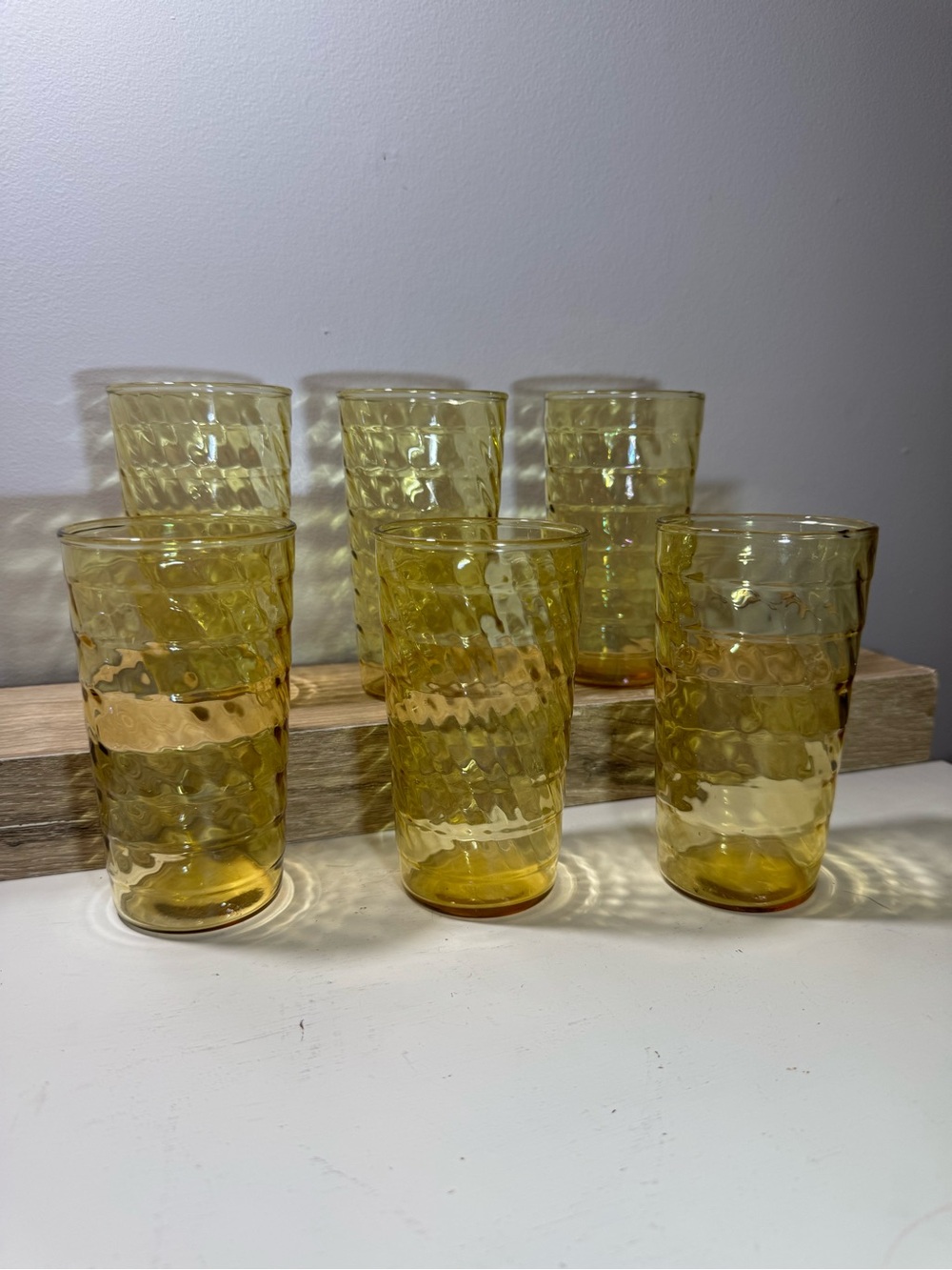 VTG Set of 6 Vintage Amber Glass Tumblers 10-18oz Geometric Textured Drinking